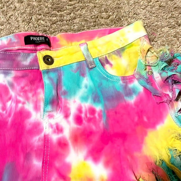 Rainbow Neon Tie Die Fringe Shorts Sz XL - Picture 8 of 10